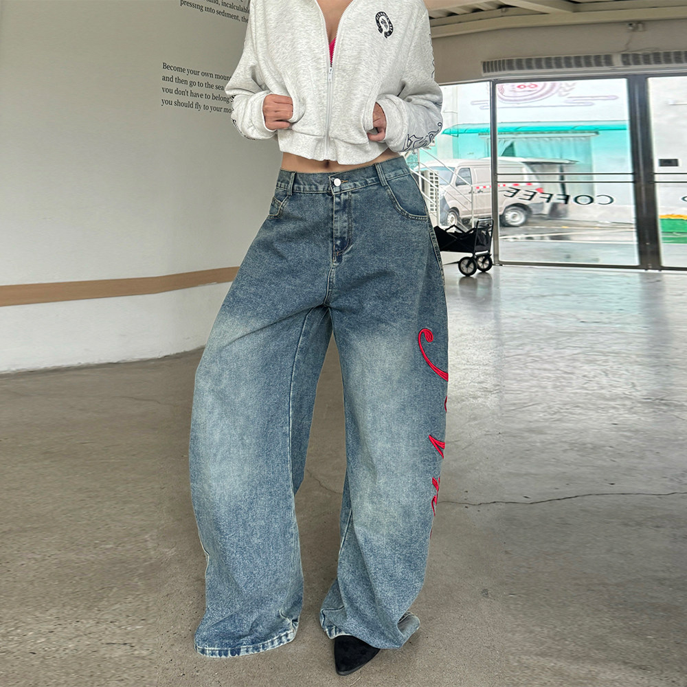 辣到中暑美式复古嘻哈高街字母刺绣弯刀阔腿牛仔裤宽松垂感阔腿裤,女装/女士精品,牛仔裤,淘宝优惠券,粉丝福利购,淘宝优惠卷