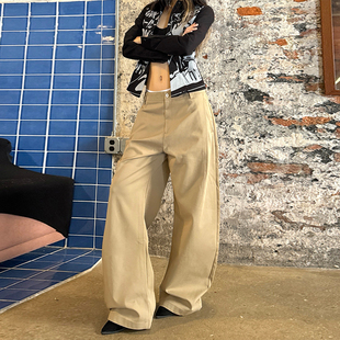 宽松垂感阔腿裤 弯刀西裤 ins 辣妹高街简约卡其色工装 辣到中暑美式