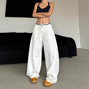 宽松显瘦垂感阔腿拖地裤 辣到中暑美式 复古简约辣妹白色弯刀牛仔裤