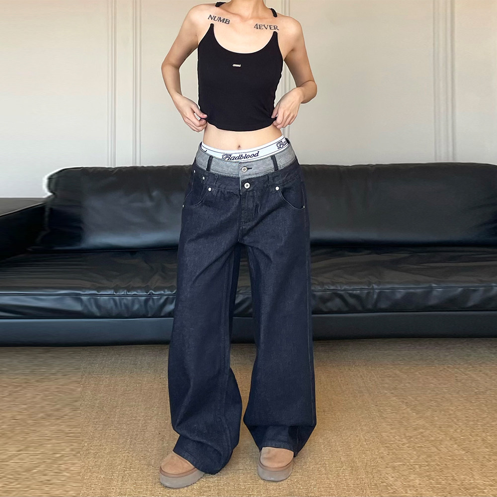 辣到中暑美式复古双腰头拼接假两件牛仔裤宽松阔腿裤设计感拖地裤,女装/女士精品,牛仔裤,淘宝优惠券,粉丝福利购,淘宝优惠卷