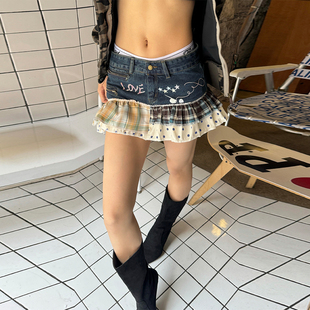 辣到中暑美式 复古蕾丝花边拼接牛仔半身裙女显瘦包臀短裙百搭