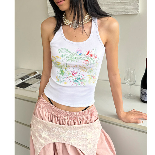 辣妹花卉印花修身显瘦白色背心