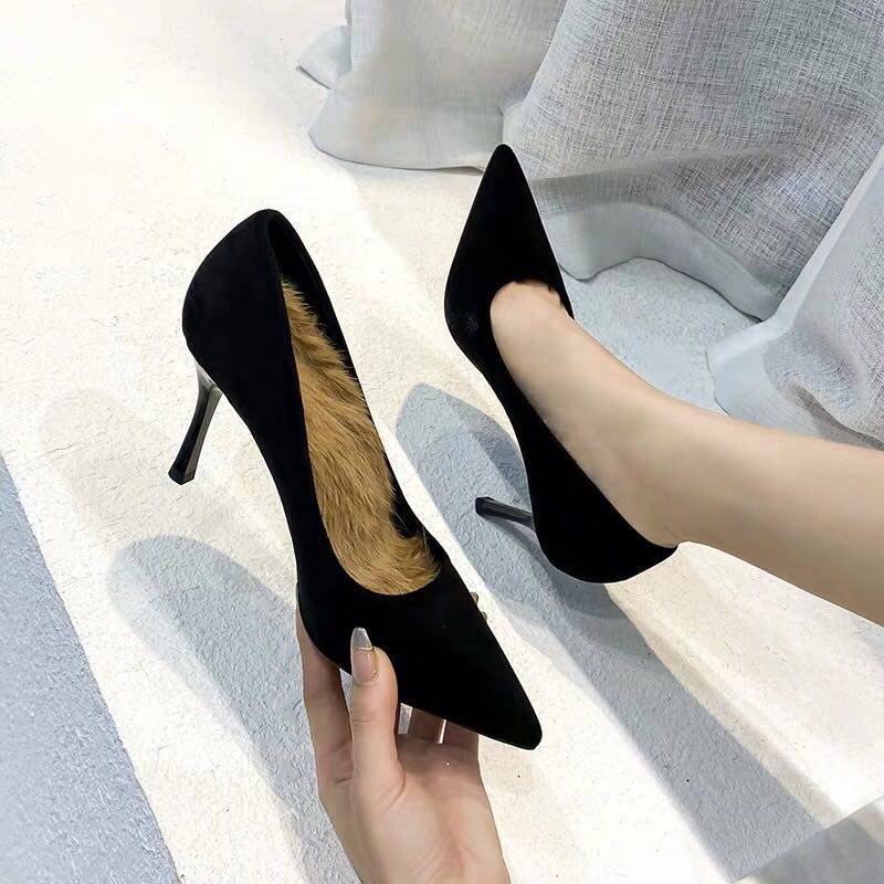 高跟鞋女细跟秋冬季2025年新款加绒黑色百搭职业单鞋兔毛工作鞋ol,女鞋,浅口单鞋,淘宝优惠券,粉丝福利购,淘宝优惠卷