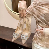 女裸色漆皮包头性感百搭单鞋 2025新款 水钻双B扣细跟尖头高跟凉鞋