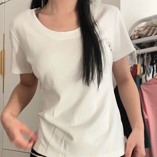 纯棉白色圆领正肩短袖t恤女士夏季纯色短款修身显瘦百搭夏天上衣T