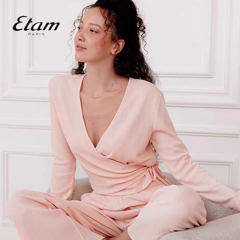 Etam Dolia草坪系列宽松V领长袖松软华夫格柔弹家居服W323DL0405