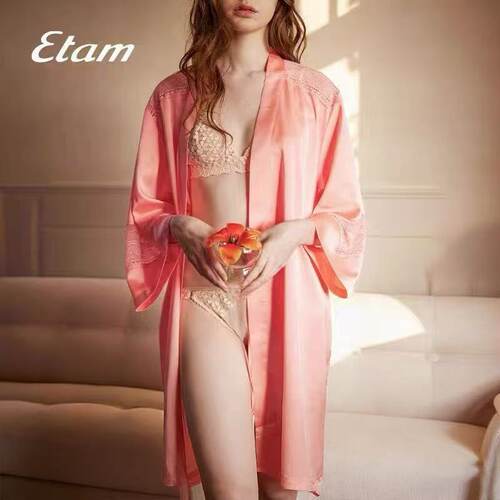 Etam Miss Lazy系列经典度假性感显瘦舒适和风绑带落肩缎面睡袍女