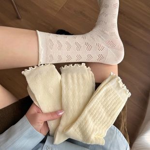 韩版 简约少女花边堆堆袜 ins时尚 纯色镂空网眼中筒袜春夏日系薄款