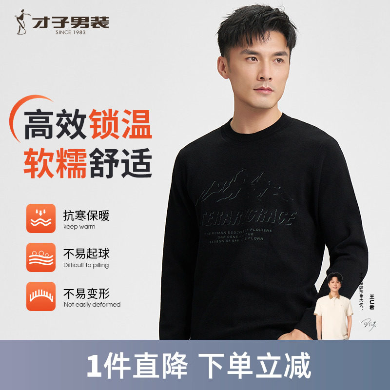才子男羊毛修身提花圆领针织衫