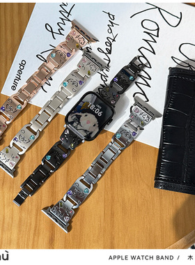 适用于s10苹果applewatch手表带彩钻小狗金属链s9女iwatch78代se2