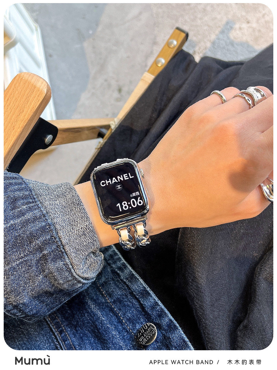 FOR S10 APPLE LITTLE FRAGRANCE WATCH APPLEWATCH8 7 SE LEATHER METAL DOUBLE ROW CHAIN S9