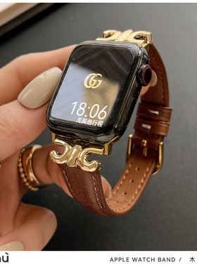 适用于s10苹果applewatch手表带s9金属油蜡皮iwatch78代真皮se2