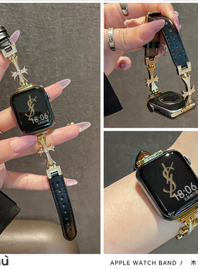 适用于s10苹果applewatch手表带克罗心镶钻表链s9女iwatch78代se2