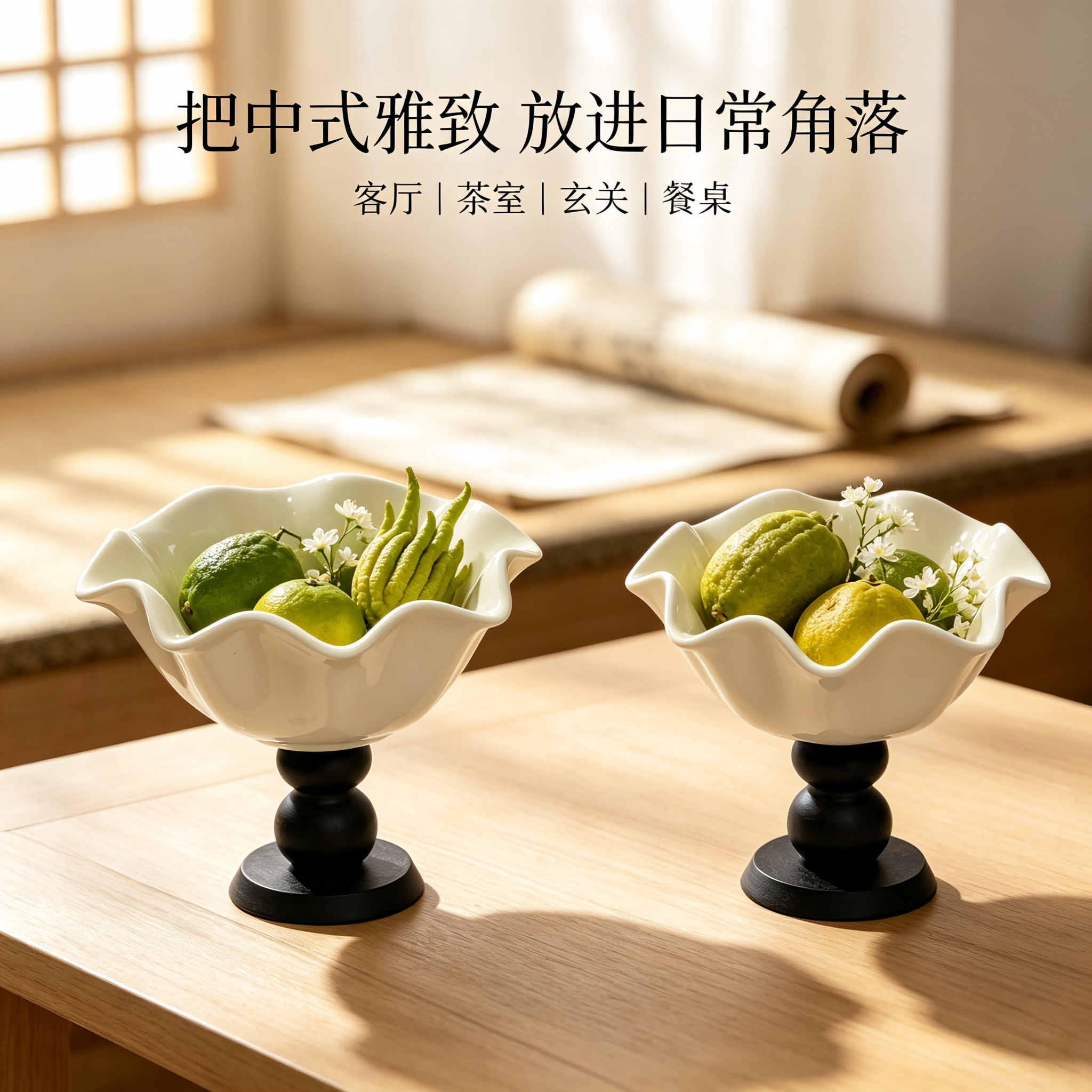 复古佛手柑造型陶瓷托盘中式陶瓷器皿木质香橼养佛手摆果盘装饰品