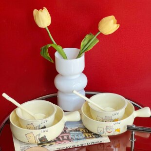 奶油色手柄碗陶瓷焗烤碗水果沙拉碗高颜值泡面碗烘焙碗一人食餐具