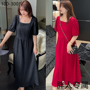 超大码胖mm200斤300斤肥婆女装裙子遮肚显瘦红色连衣裙短袖小黑裙
