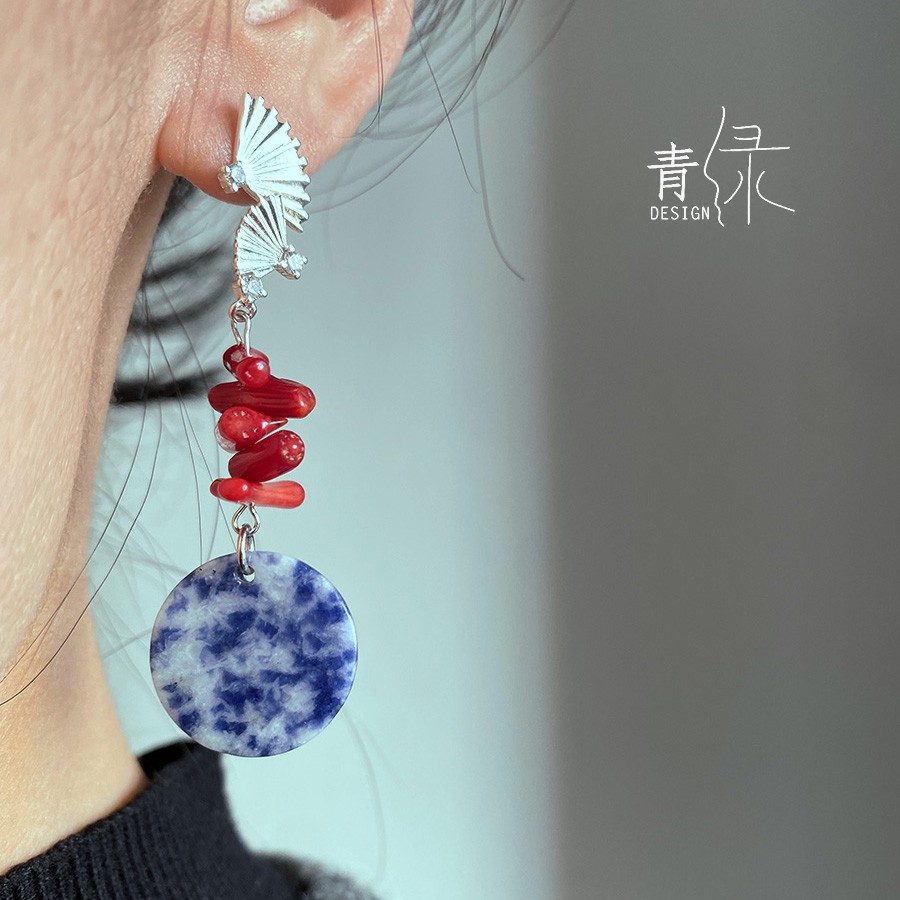 【青花瓷】青绿原创设计撞色中式国风扇子耳环耳夹新娘复古配饰