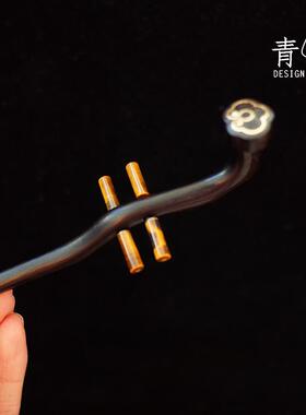 青绿原创设计黑檀木发簪簪子发饰古装丸子头盘发汉服二胡簪子琵琶