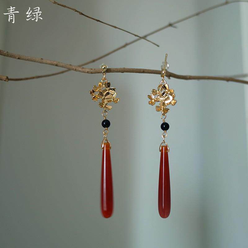 【花语】青绿原创设计红玛瑙水滴复古国风超长耳环新娘耳饰耳夹