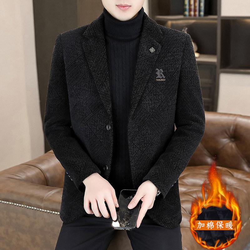 冬季加棉加厚毛呢西服男休闲帅气雪尼尔单西韩版潮流呢子西装外套