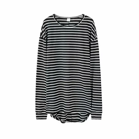 长袖加长条纹T恤欧美潮男打底衫前短后长黑白高街风基础嘻哈内搭