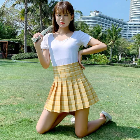 韩版夏季防走光a字2023半身裙新款百褶裙百搭短裙女格子显瘦高腰