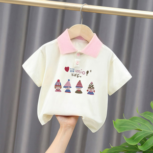 女童短袖T恤纯棉夏季2025新款卡通印花POLO衫洋气儿童翻领上衣服