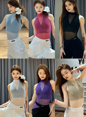 傲睨舞服2025夏季新品拉丁舞服无袖中领网纱连档操服六色Q68