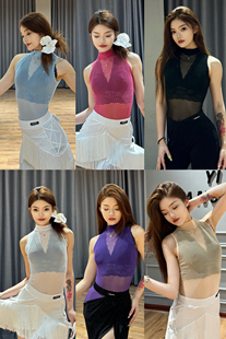 傲睨舞服2025夏季新品拉丁舞服无袖中领网纱连档操服六色Q68