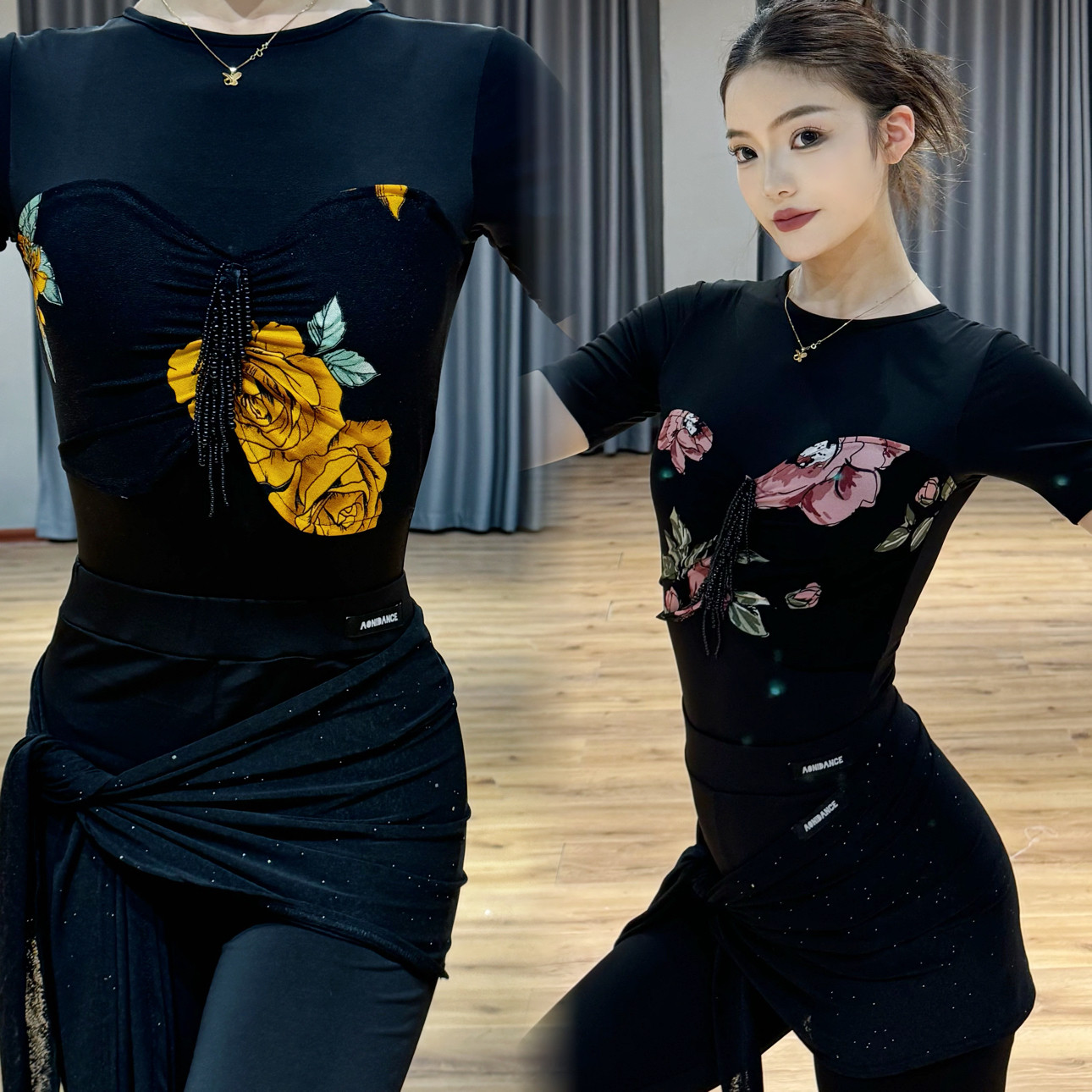 傲睨舞服2025秋季新品拉丁舞服圆领短袖串珠款连档上衣含胸垫Q75