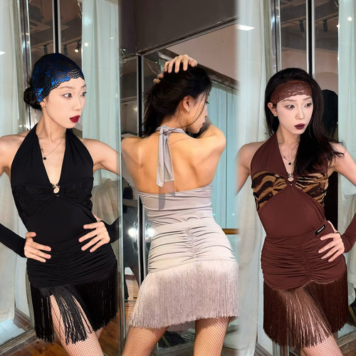 傲睨舞服拉丁舞服新品挂脖V领系带圆环设计连体操服自带胸垫Q90