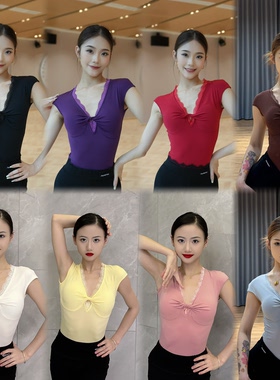 傲睨舞服2025夏季新品拉丁舞服小飞袖V领蕾丝连挡上衣自带胸垫Q91