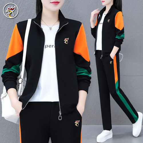 公鸡卫衣撞色运动服三件套装