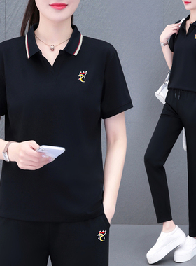 【品牌】冰丝POLO衫运动服套装女夏季薄款妈妈时尚跑步休闲两件套
