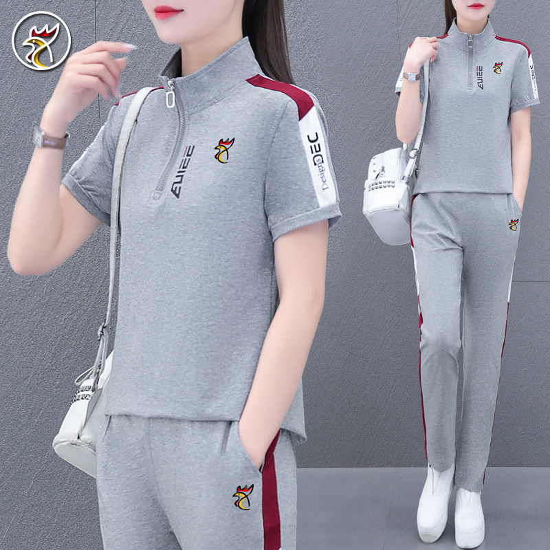 【品牌】纯棉运动套装女士夏季薄款中年妈妈时尚跑步服休闲两件套