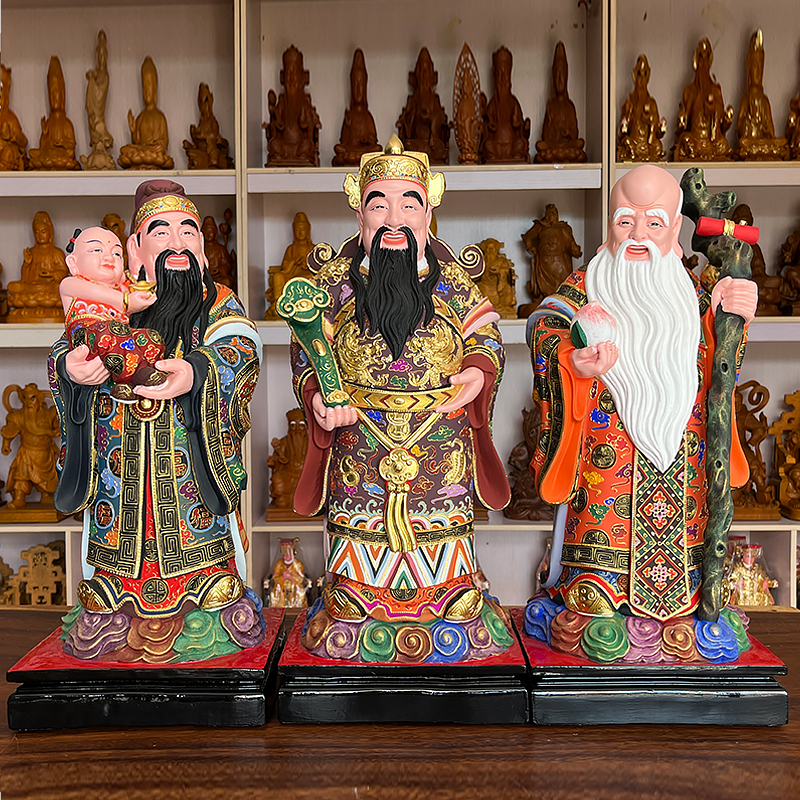 福禄寿三星神像香樟木雕中式
