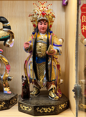二郎神木雕神像哮天犬手工头冠植发中式客厅中堂茶室桌面装饰摆件