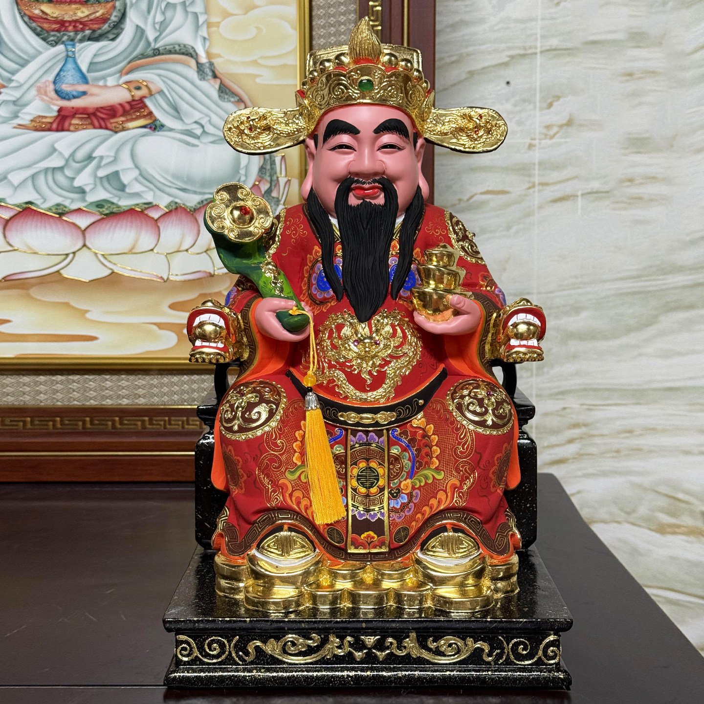 财神爷神像文财神范蠡比干佛像香樟木雕聚宝盆招财家用供奉摆件