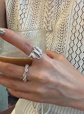 不规则几何错落水滴戒指女简约小众设计S925镀银开口指环食指戒潮