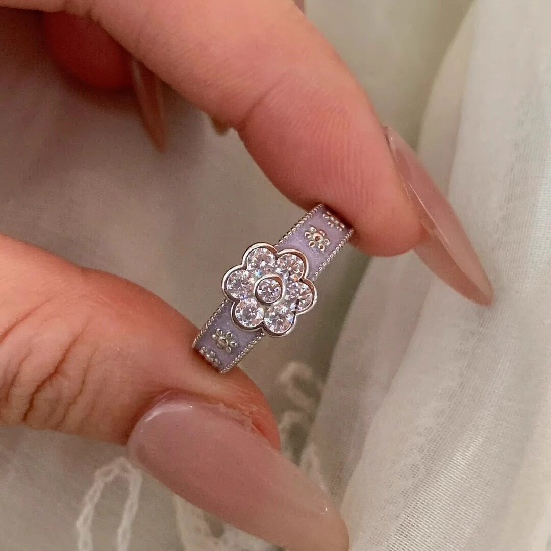 香芋紫花朵精致戒指女甜美时尚个性百搭气质开口指环小众食指戒潮