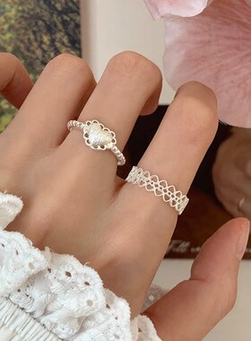 甜美蕾丝爱心戒指女镂空花边精致百搭S925镀银开口指环网红食指戒