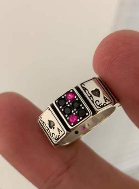 s925银扑克牌锆石复古戒指女夸张小众设计精致时尚个性开口食指环