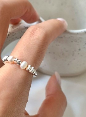 几何不规则弧形戒指女手工串珠弹力S925银碎银指环ins网红食指戒