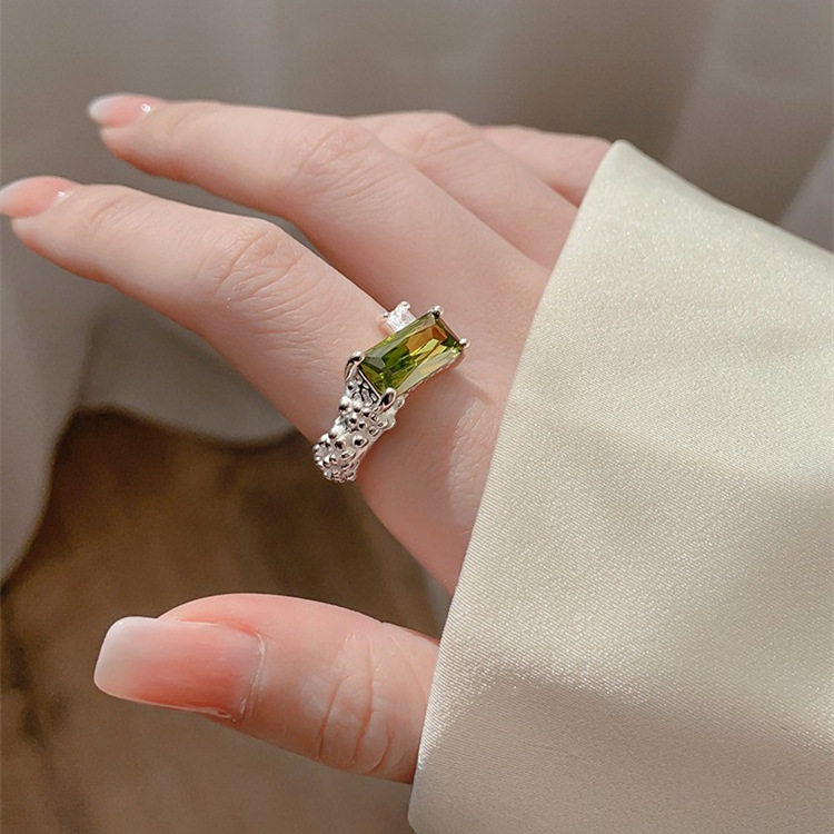 韩版S925镀银个性闪亮方形戒指女矩形时尚几何不规则开口指环食指