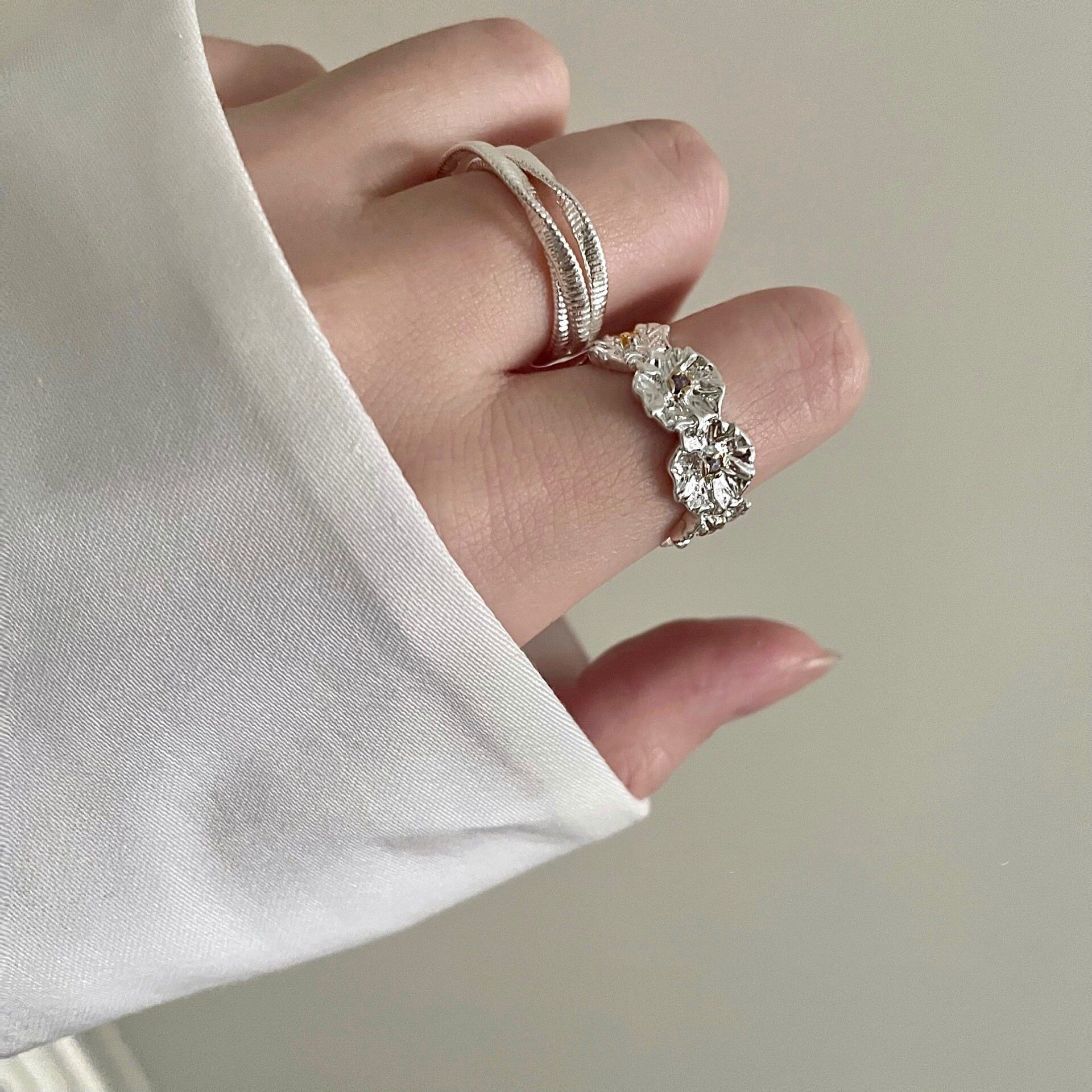 肌理感立体花朵戒指女简约时尚百搭气质S925镀银开口指环食指戒潮