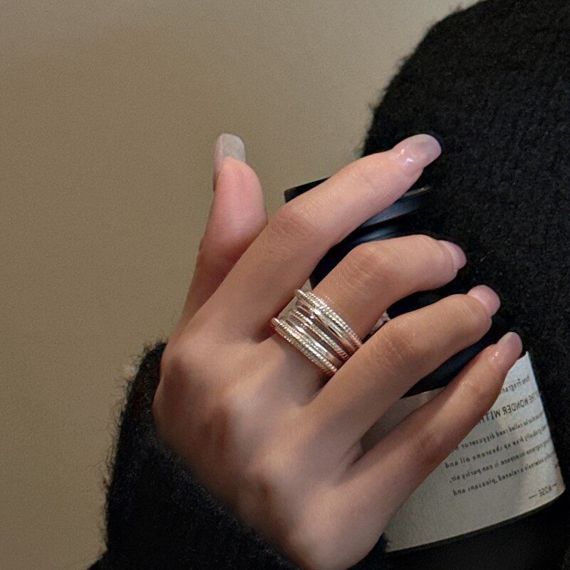 简约冷淡风线条戒指女不规则时尚个性百搭宽边S925镀银开口食指环