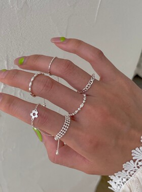 韩版S925镀银多款抽拉调节戒指女复古时尚花朵流苏链条指环食指戒