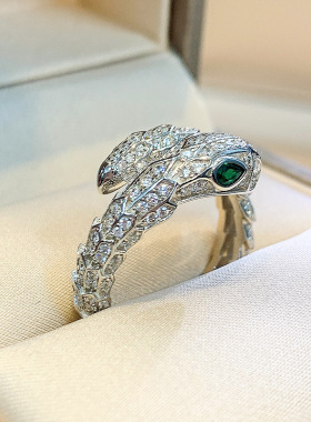 欧美S925镀银个性蛇形戒指女复古时尚夸张开口指环嘻哈朋克食指戒