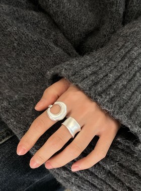 磨砂哑光戒指女几何宽边月牙百搭叠戴开口指环甜酷网红气质食指戒