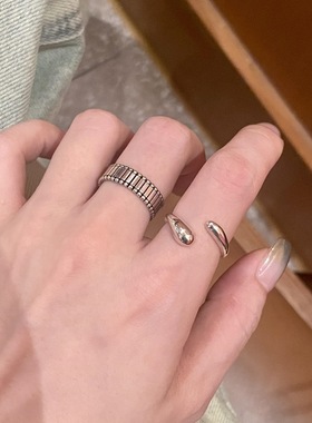 几何水滴戒指女复古时尚百搭气质个性S925镀银开口指环叠戴食指戒